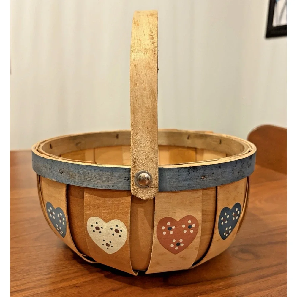 Vintage 1995 Hearts Harvest Basket Wood Country Decor Pastel